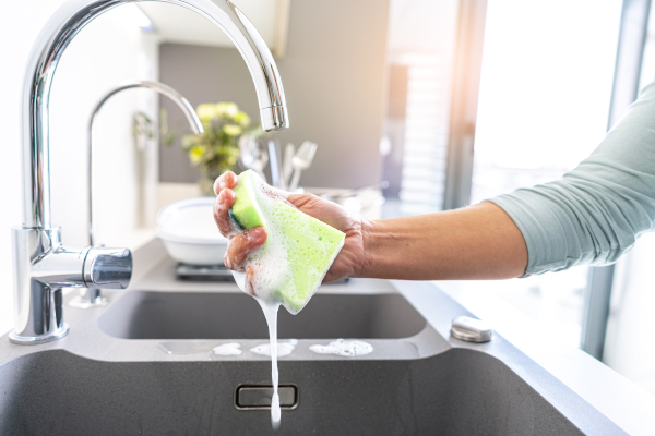 A woman squeezing a sponge under a tap