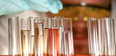 A hand with wearing a latex glove reaching for a test tube